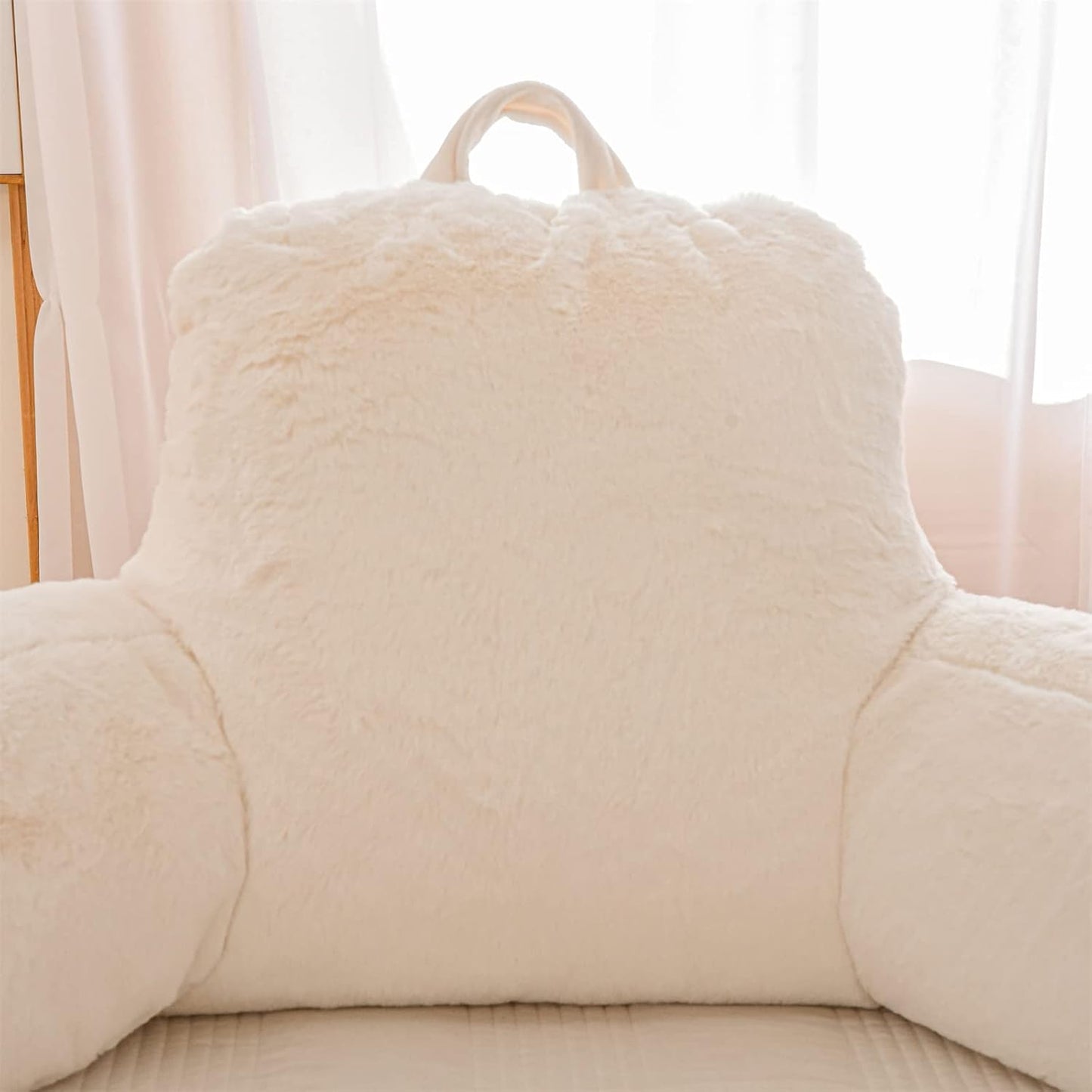 Reading Pillow with Arms — Large Faux Fur Wedge Backrest for Bed & Couch, Adults & Children (Ivory)
