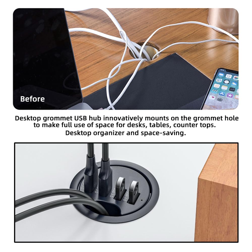 Cablecc 4 Ports USB 3.0 Hub USB Splitter 60mm Desk Grommet Dock Station Interface for Desktop PC Desk