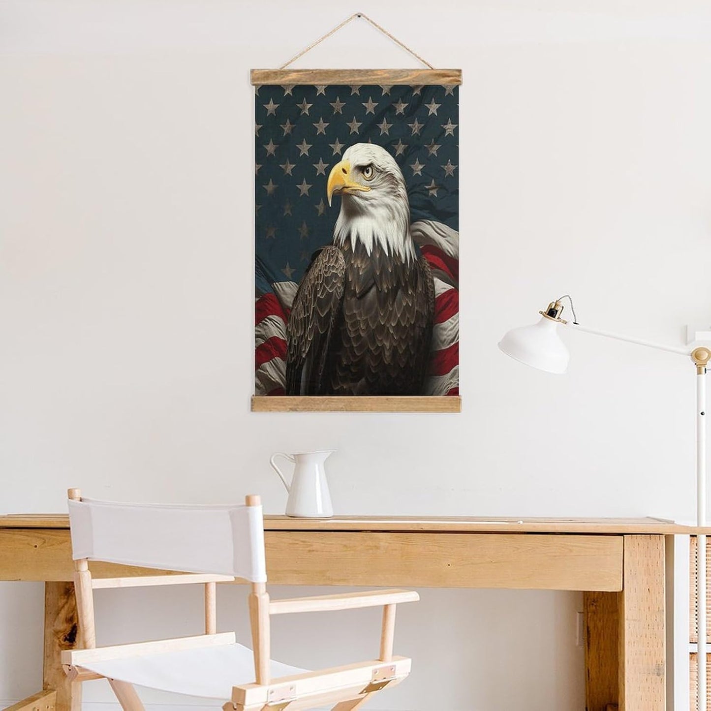 Vintage American Bald Eagle Sitting on Flag Ribbon Poster with Wooden Frame Personalized Linen Hanging Scroll Painting Rustic Wall Hanging Illustrative Modern Artwork Decor for Home Living Room Bedroo