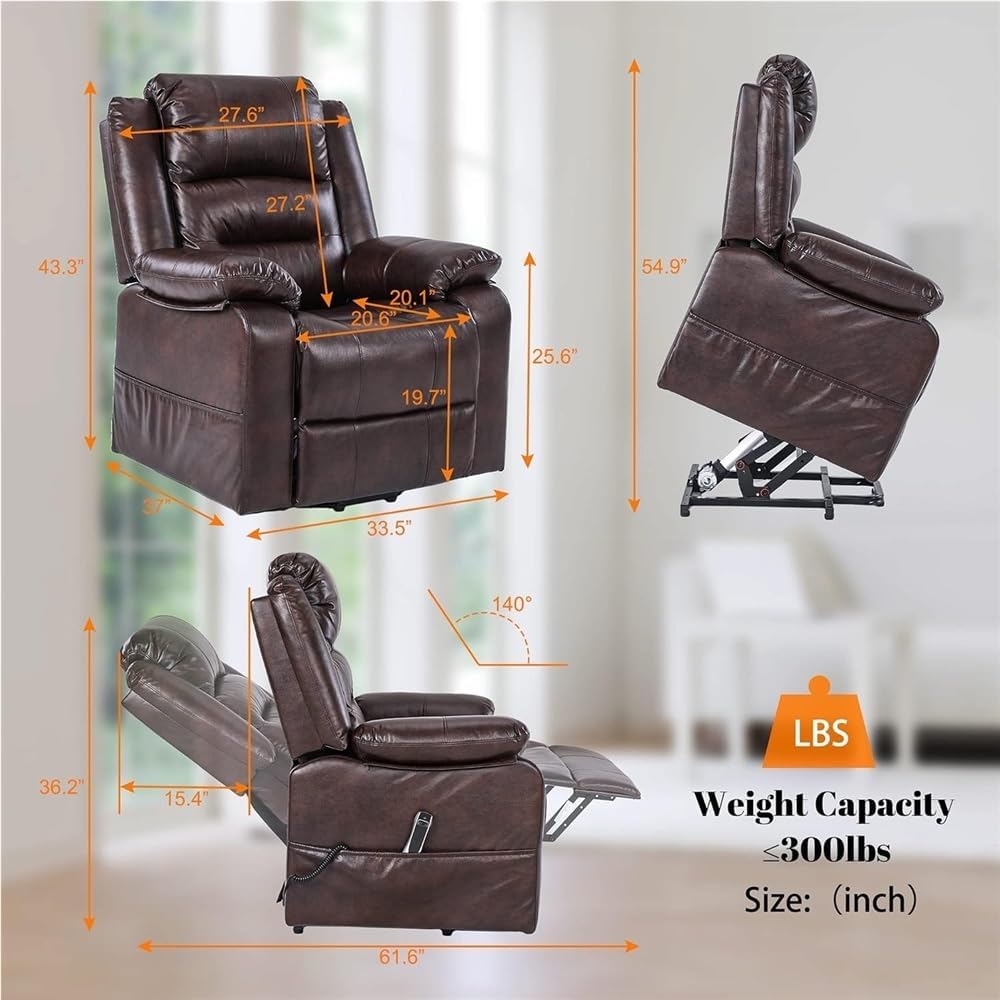 Brown Power Lift Recliner Chair for Elderly Electric Leather Recliner with Storage Pockets USB Port and Remote Control Adjustable Lift Chair for Living Room Lounge Furniture