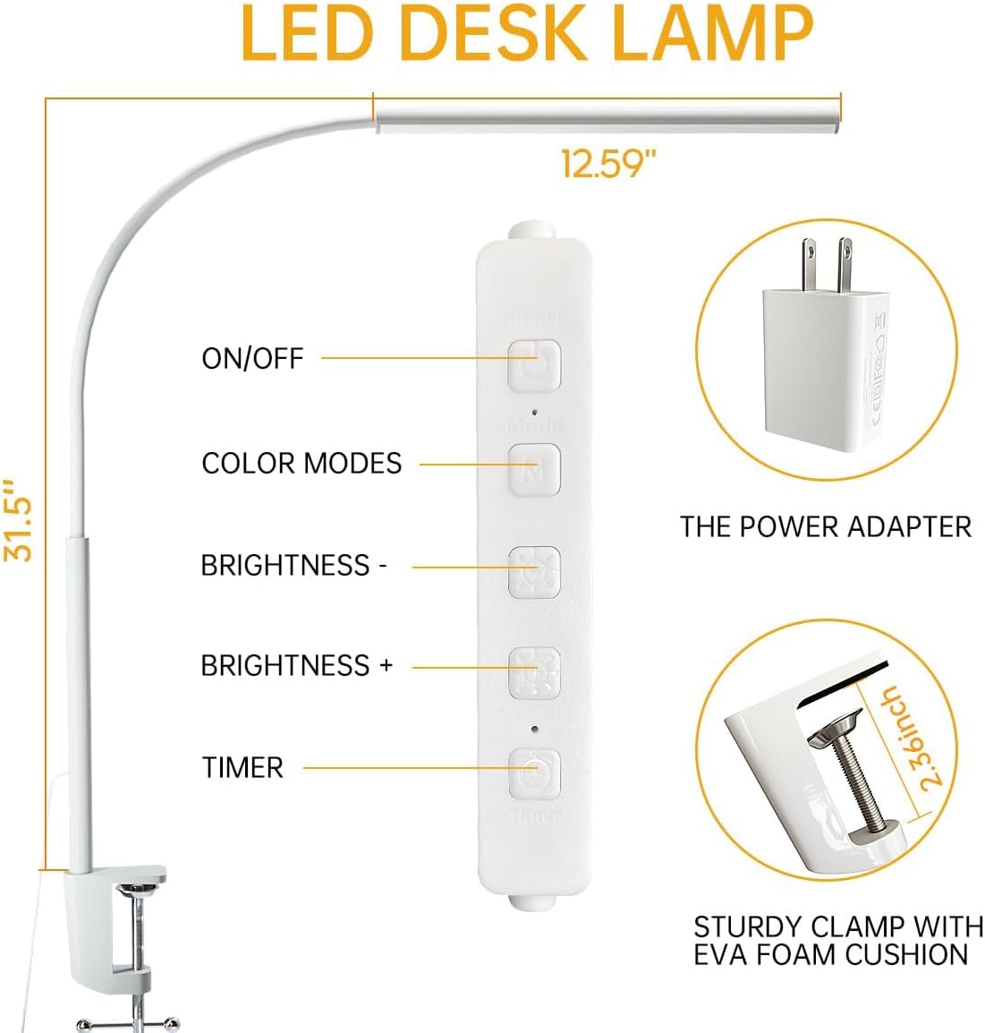 LED Desk Lamp with Clamp, Eye-Protection Clip on Desk Lamp, 5 Modes 10 Brightness Adjustment, 360°Flexible Gooseneck Lamp for Home Office, Lamps with USB Adapter，White