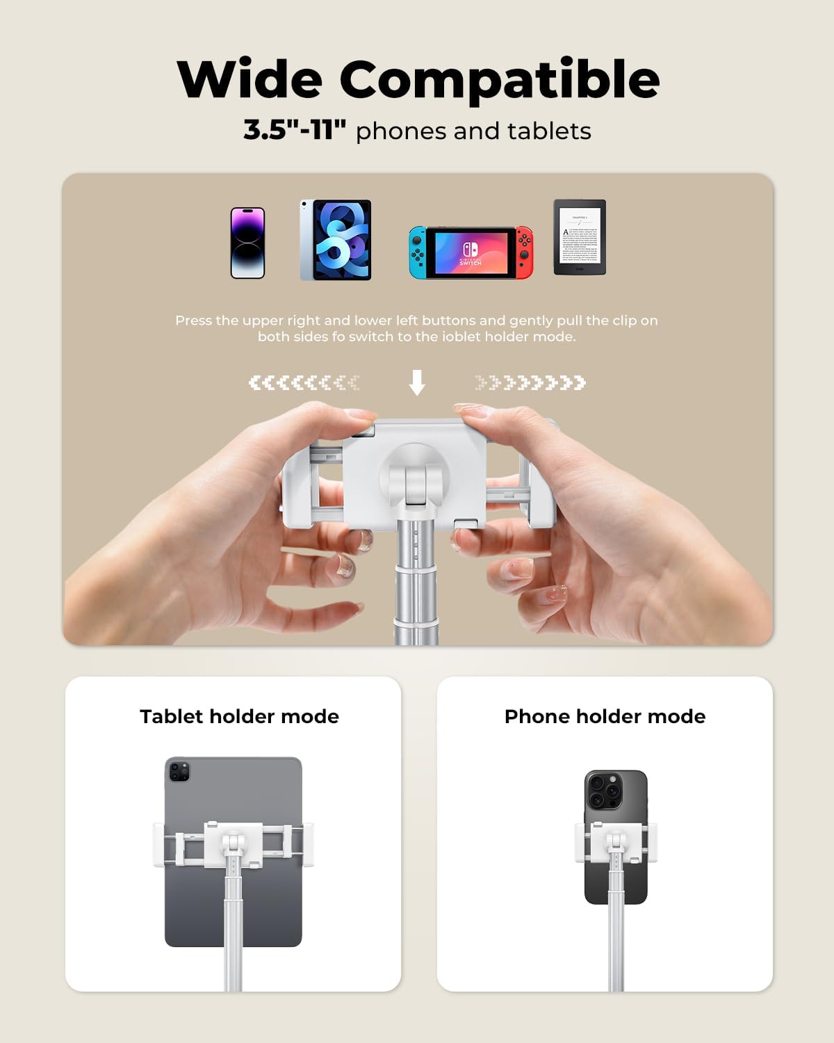 Tablet Floor Stand, Adjustable iPad Holder for Bed & Sofa - 360° Rotating Long Arm, Height Adjustable from 13.5" to 60.3", Sturdy Metal Base for iPad, Tablet, Phone (4-13 Inch), White