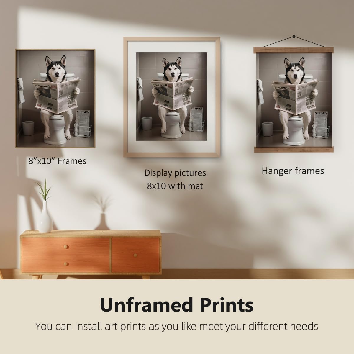 ETVISO Funny Husky Bathroom Decor Set of 4, Cute Dog Reading Newspaper Print Wall Art Decorations, Humorous Toilet Decor for Washroom or Restroom (12x16 Unframed)