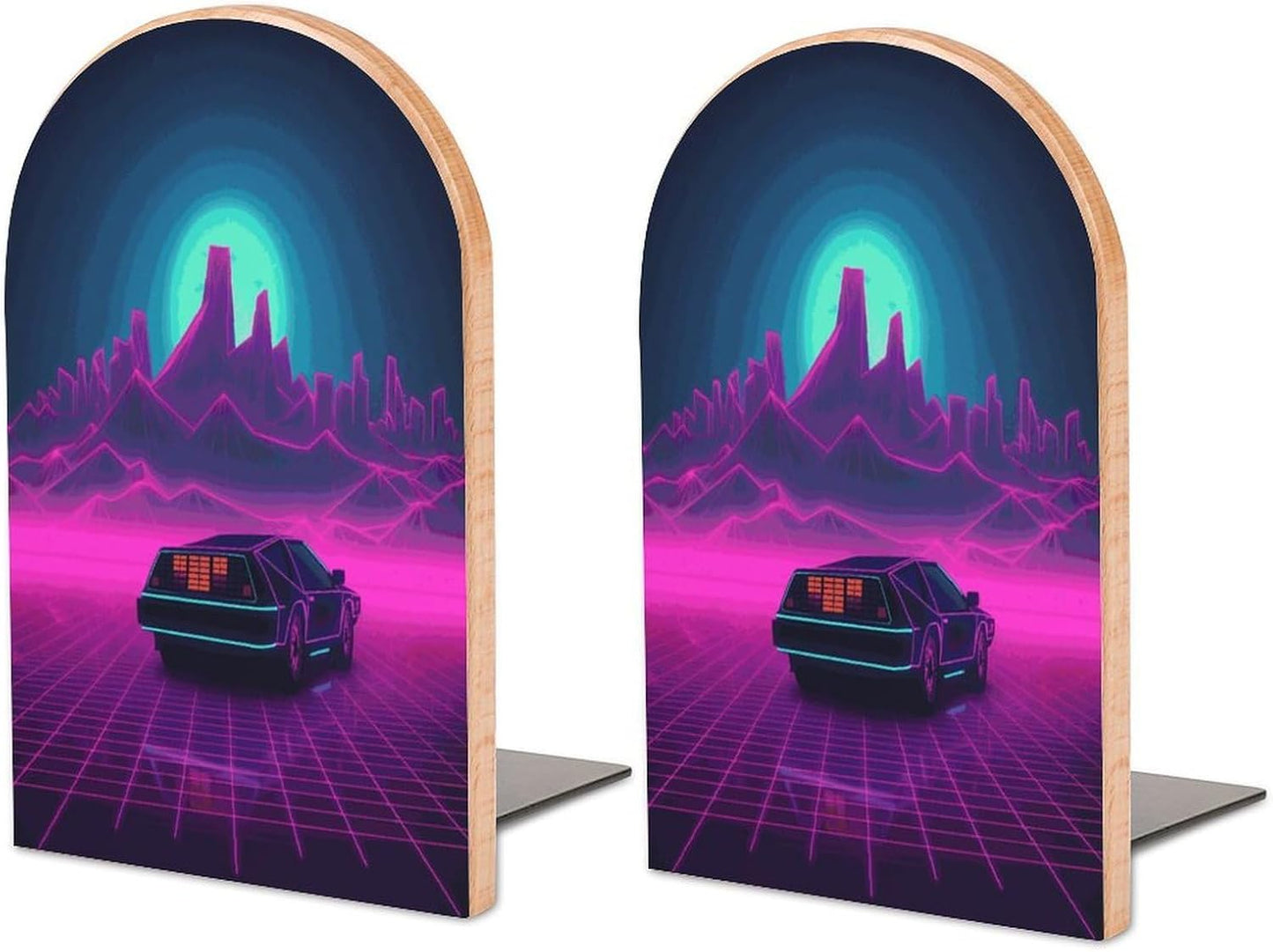 Non-Slip Bookend for Shelves Retrowave Pictures Wooden Bookends with Metal Base Decorative Book Stopper for Home Heavy Duty Wood Book Storage for Books/CDs