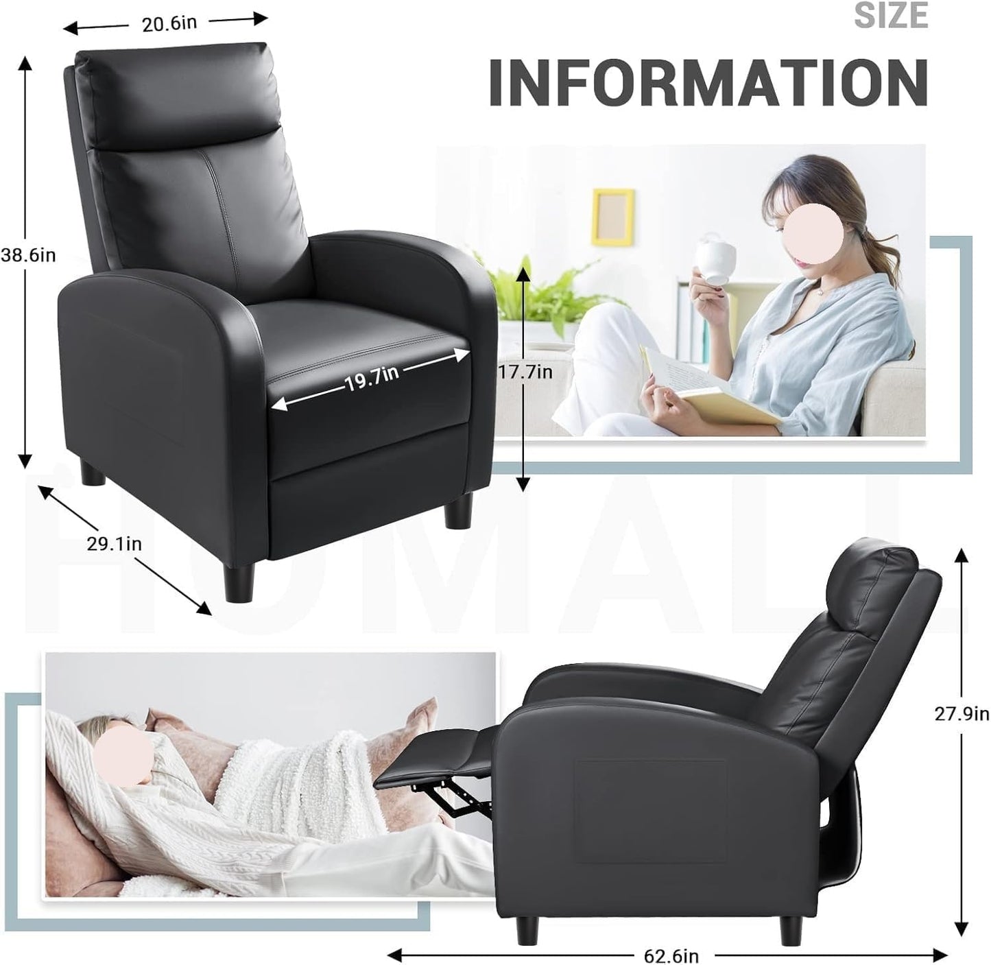 Leather Recliner Chair with Wider Armrests Lumbar Support Reclining Sofa Chairs for Adults Long Hours Sitting Living Room Home Theater Seating