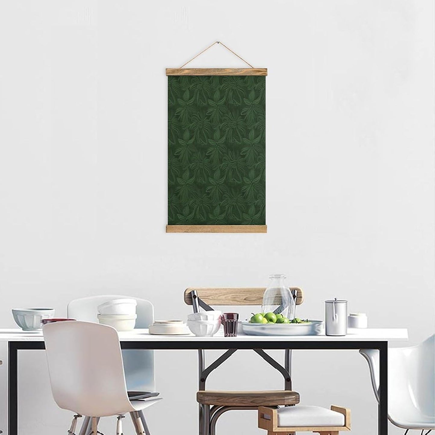 Vintage Hunter Green Floral Petals Pattern Poster with Wooden Frame Personalized Linen Hanging Scroll Painting Rustic Wall Hanging Illustrative Modern Artwork Decor for Home Living Room Bedroom Office