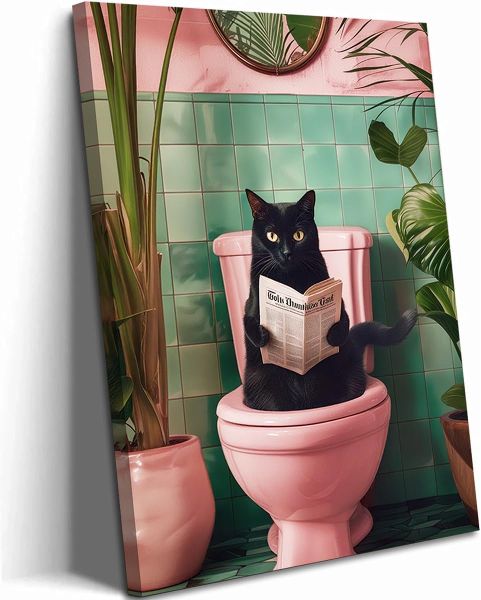 Funny Cat Bathroom Wall Art, Cute Black Cat Wall Decor Paintings, Whimsical Animal Reading Newspaper on The Toilet Poster Canvas Prints Aesthetic Picture 12x16 inch Framed