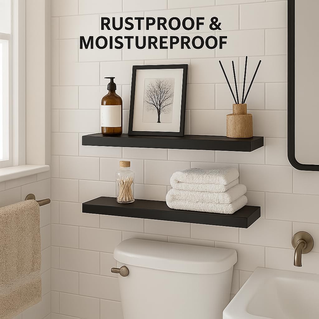 Floating Shelves for Wall - All-Metal Construction Heavy Duty Bathroom Shelves, Floating Shelves Rustproof & Waterproof, Wall Mount Shelves for Bathroom, Kitchen, Bedroom, Office (2 Pack)