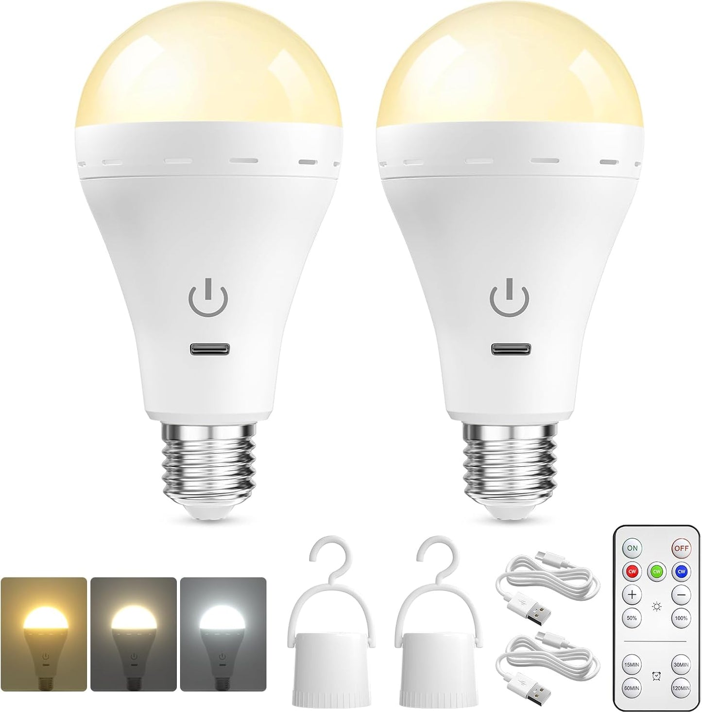 E26 Rechargeable Led Light Bulbs with Remote, 3 Colors Dimmable E26 Battery Operated Light Bulb with Timer, Emergency Rechargeable Light Bulbs, Up to 35 Hours, 2 Packs