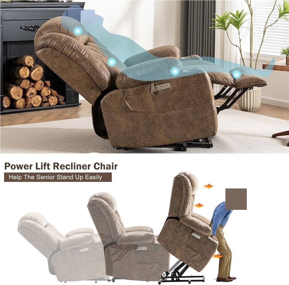 Power Lift Recliner Chair with Massage & Heat – Overstuffed Wide Electric Recliner with Infinite Position Adjustment, USB & Type-C Ports, Cup Holders, Leather Living Room Seating for Adults