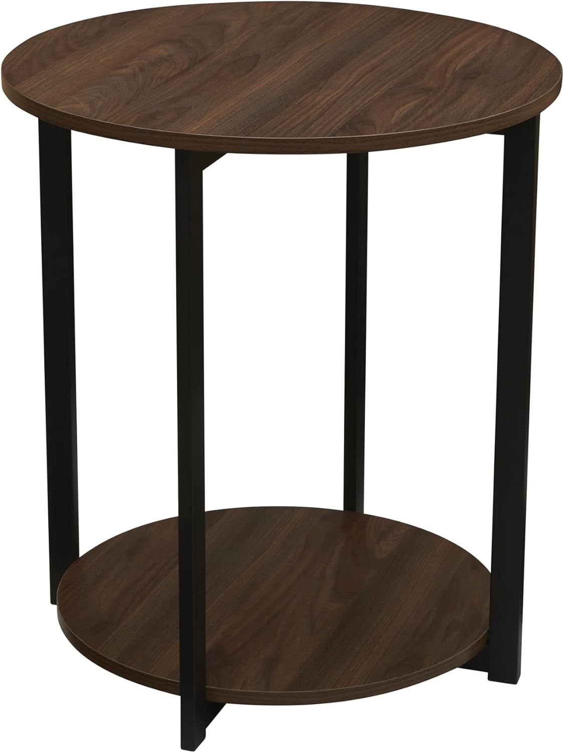 Household Essentials Jamestown Round Side End Table with Storage Shelf Mid Century Walnut Wood Grain and Black Metal