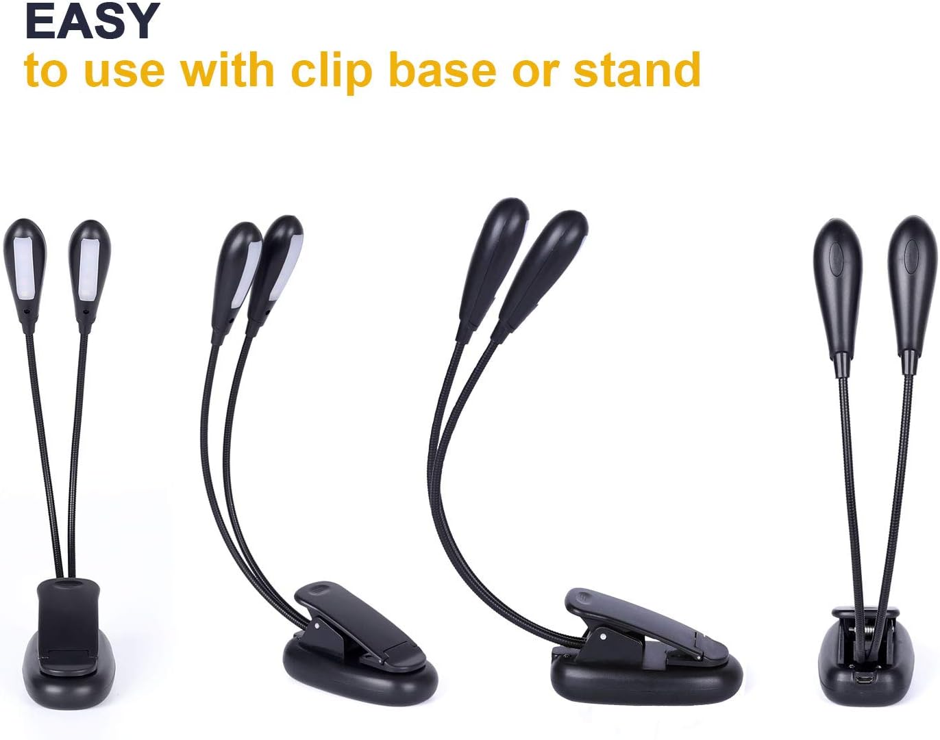 Rechargeable Music Stand Light, Clip on Reading Light, 8 LED Book Lamp, 3-Level Brightness for Eye Protection, Perfect for Piano, Orchestra, Bookworms, Craft (White & Warm, Dual Arm)