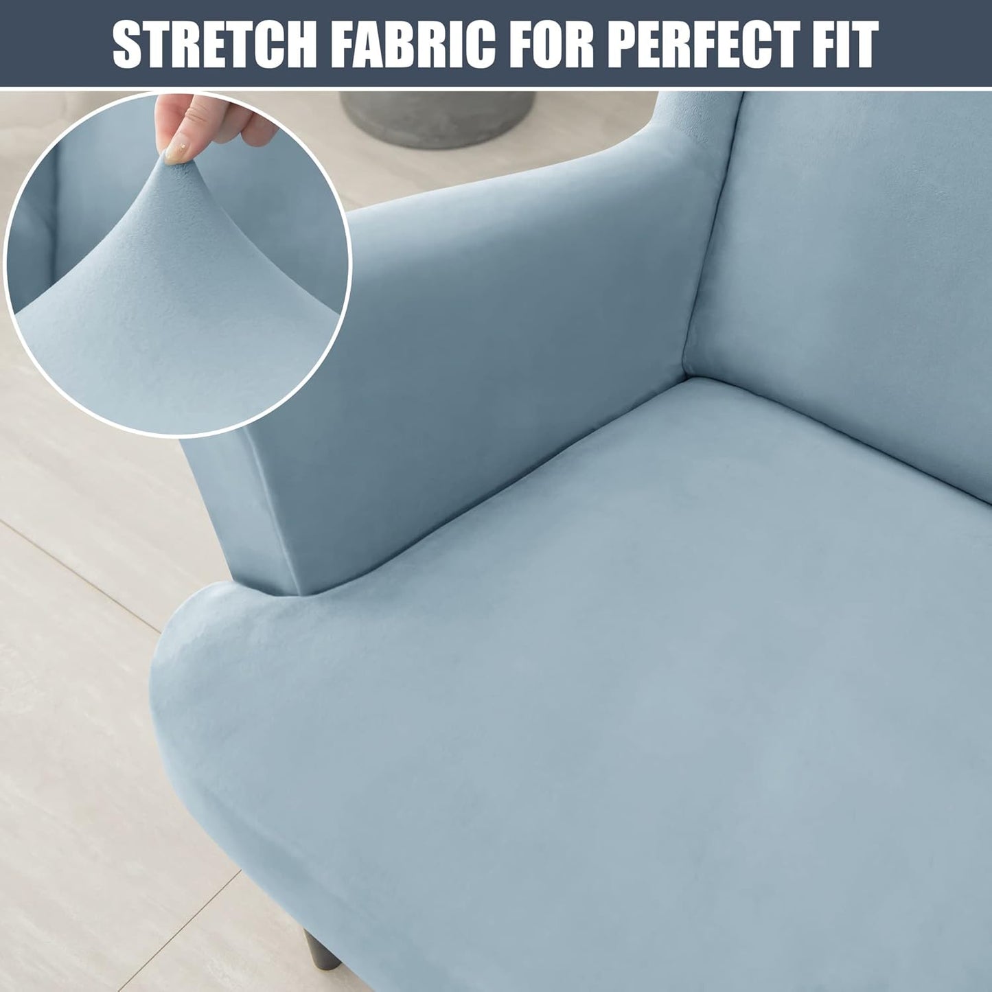 CONRUSER Stretch Wingback Chair Covers, 2 Piece Wing Chair Slipcovers Soft Velvet Armchair Covers with Elastic Bottom for Living Room Bedroom (Light Blue)