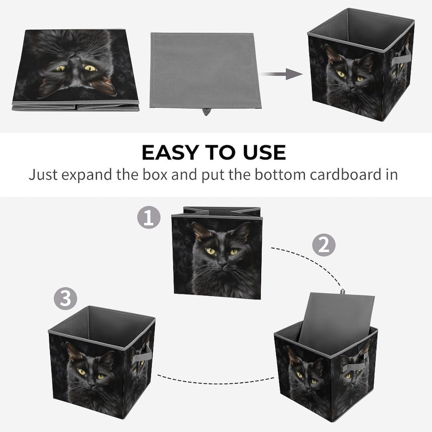 A Black Cat on A Black Background Storage Bins with Handles Fashion Large Storage Cubes Sturdy Foldable Storage Boxes Space-Saving Storage Baskets for Home Office Clothes Closet Organizers