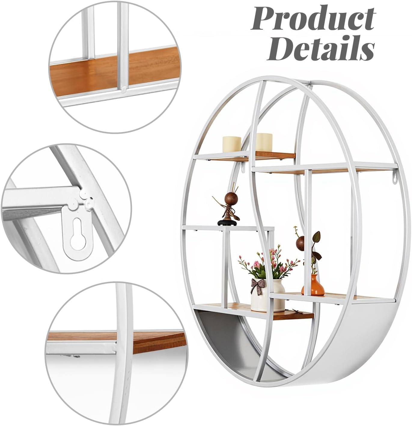 Round Wall Shelf,24 inch Metal Circle Shelf Wood Floating Shelves,Rustic Silver Wall Mounted Display Organizer Shelf for Fireplace,Living Room,Bathroom
