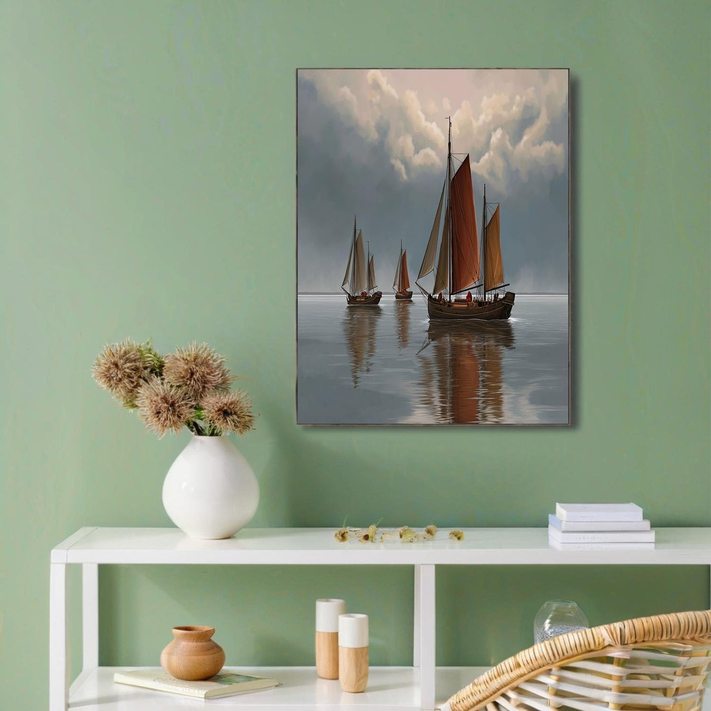 GDJSMIN Ocean Landscape Wall Art, Wooden Sailboat Pattern Poster For Reading Room Living Room Decor 16X 24 Inch Unframed