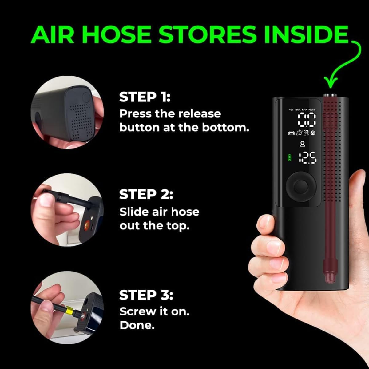 Airmoto Tire Inflator Portable Air Compressor - Air Pump For Car Tires with Digital Pressure Gauge, LED Light and Auto Shut-Off Function - Cordless Pump for Car, Motorcycle, Bicycle, Ball