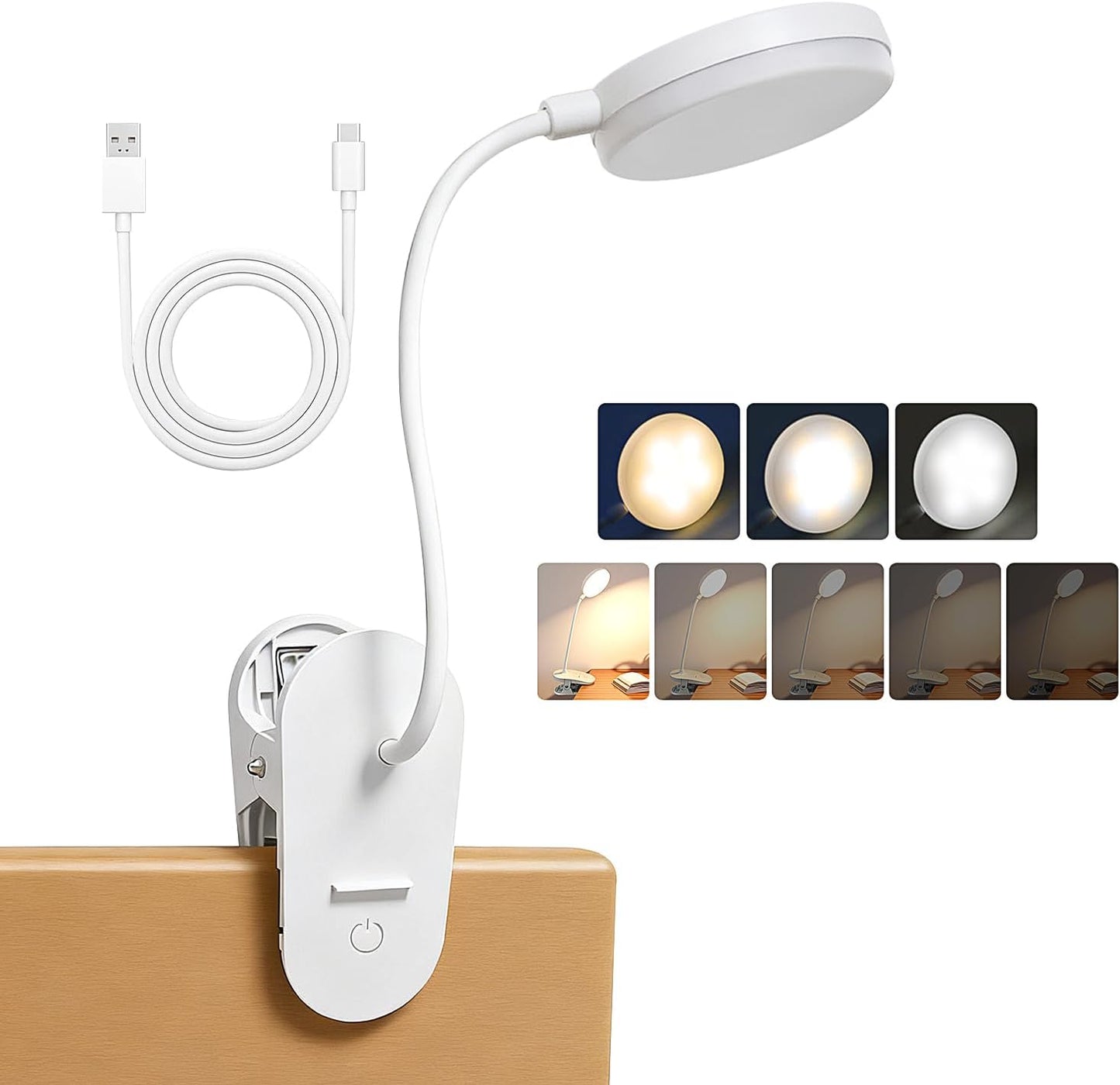 Clip On Clamp Light for Bed Headboard,Rechargeable Desk Lamp,3 Colors (White/Warm White/Warm),Dimmable 360° Gooseneck,20 LED,Eye-Caring Light for Study & WorkCollege Dorm Essentials for Girls & Guys