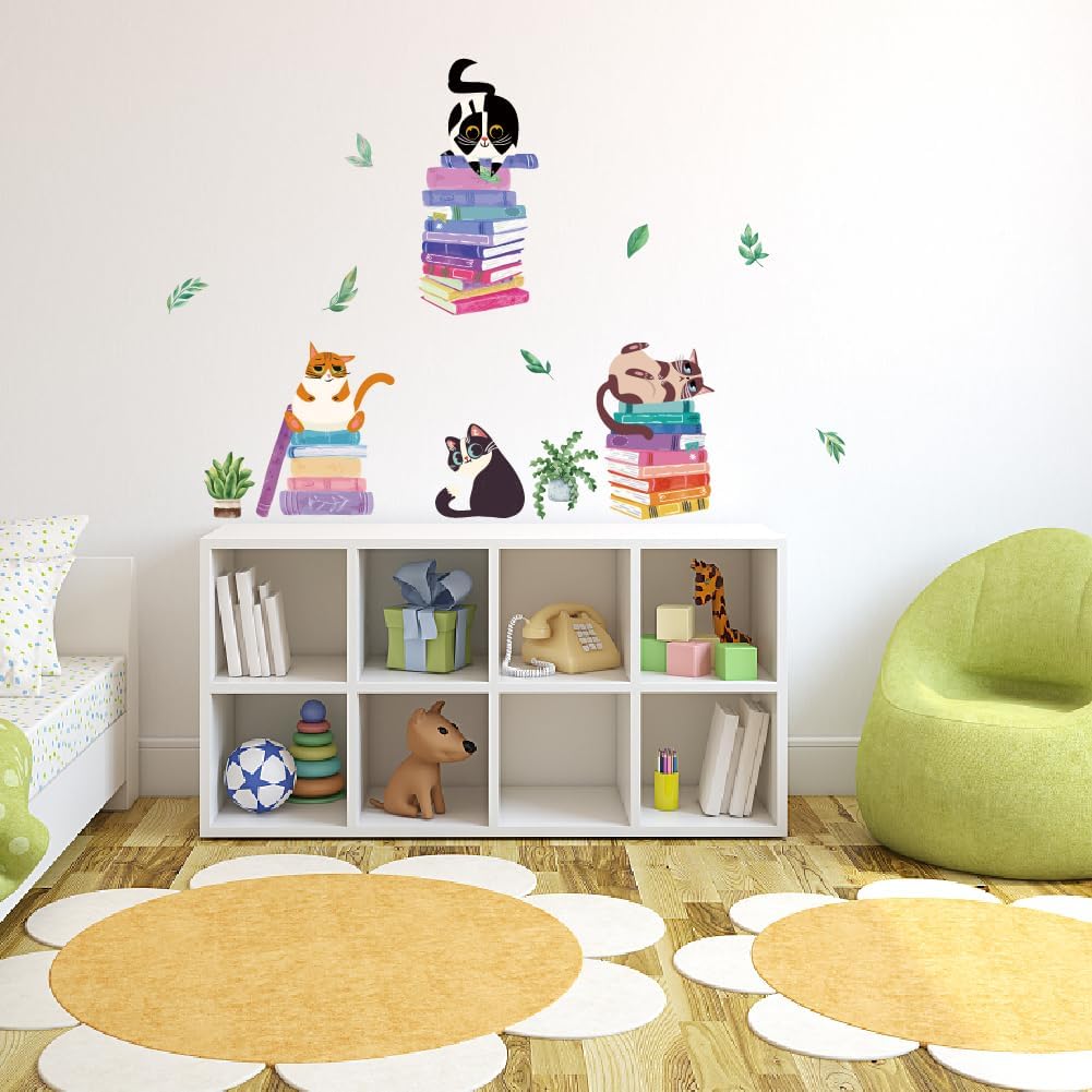 SUPERDANT Cats Reading Wall Sticker Book Plants Wall Decal Peel and Stick Classroom Vinyl Art Decals Cat Kitty Nursery Decor for Kid's Room Bedroom Livingroom Study Room Decoration Back to School