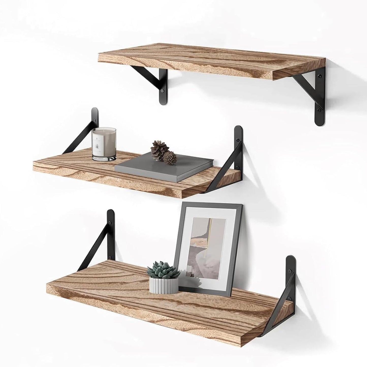 Wood Floating Shelves for Wall Set of 3, Floating Shelves with Storage, Shelves for Room Wall Decor for Bedroom, Bathroom, Living Room, Office (Brown, 16.5")