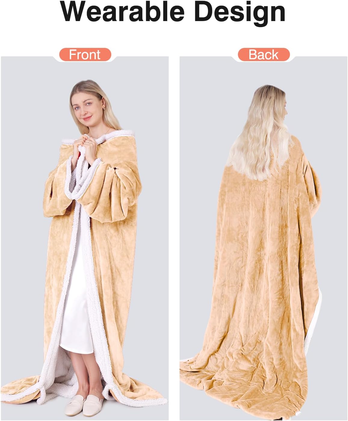 Wearable Heated Blanket with Sleeves, Electric Heated Robe with Foot Pockets, Electric Snuggie for Women, 9 Heating Levels & 2-10 Hours Timer, 50"x70" (Light Yellow)
