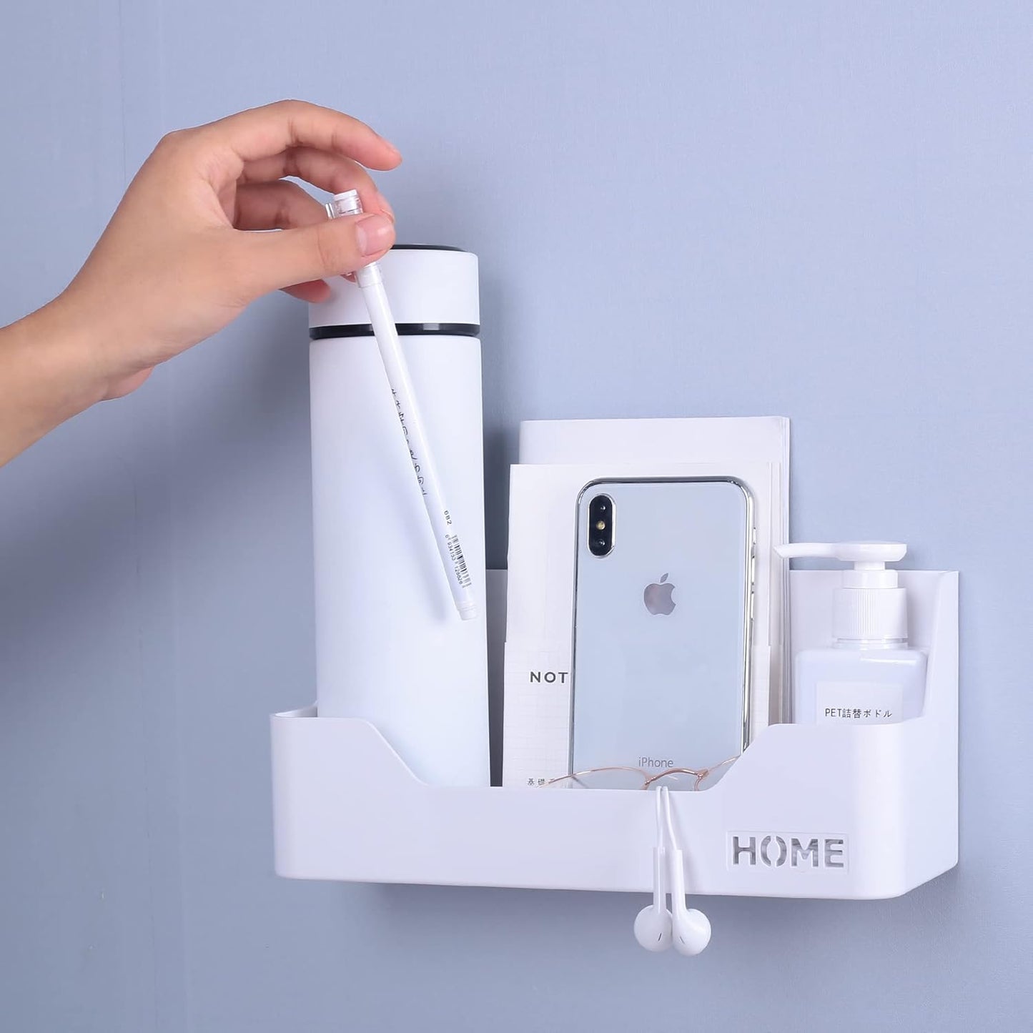 Bedside Shelf,Small Plastic Wall Mounted Adhesive Storage Caddy Shelf Organizer Accessory for Cell Phone,Reading Glasses,Remote Control,Earphone | Great for Home,Office,Dorm (Box Type)