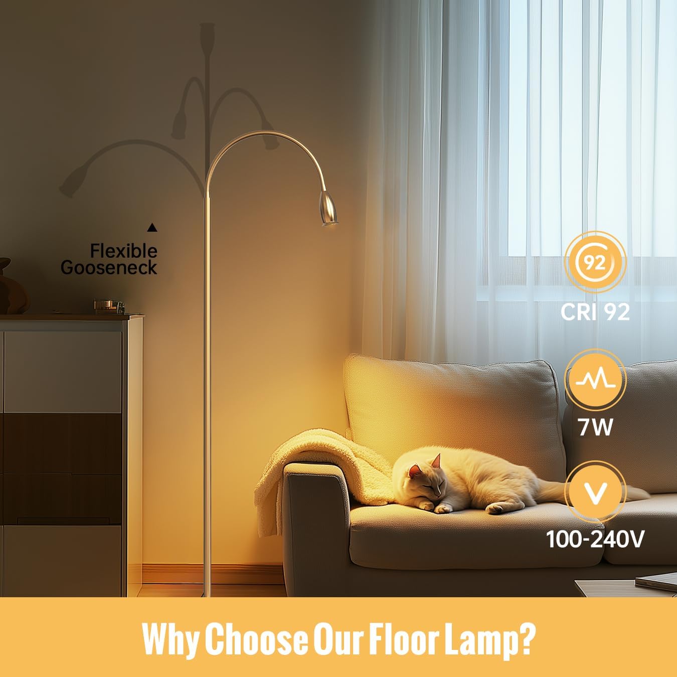 Reading Floor Lamp, 73" Standing Lamp with Dimmable Zoomable LED Spotlight, Adjustable Color Beam and Flexible Gooseneck, Remote & Pedal Control, for Reading Bedroom Crafting (Antique Brass)