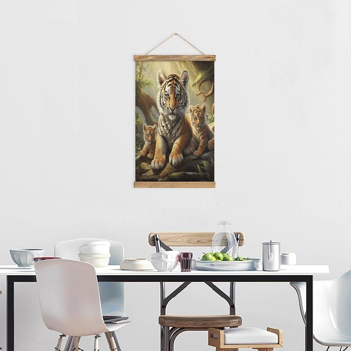 Vintage Jungle Tigers Cub Poster with Wooden Frame Personalized Linen Hanging Scroll Painting Rustic Wall Hanging Illustrative Modern Artwork Decor for Home Living Room Bedroom Office