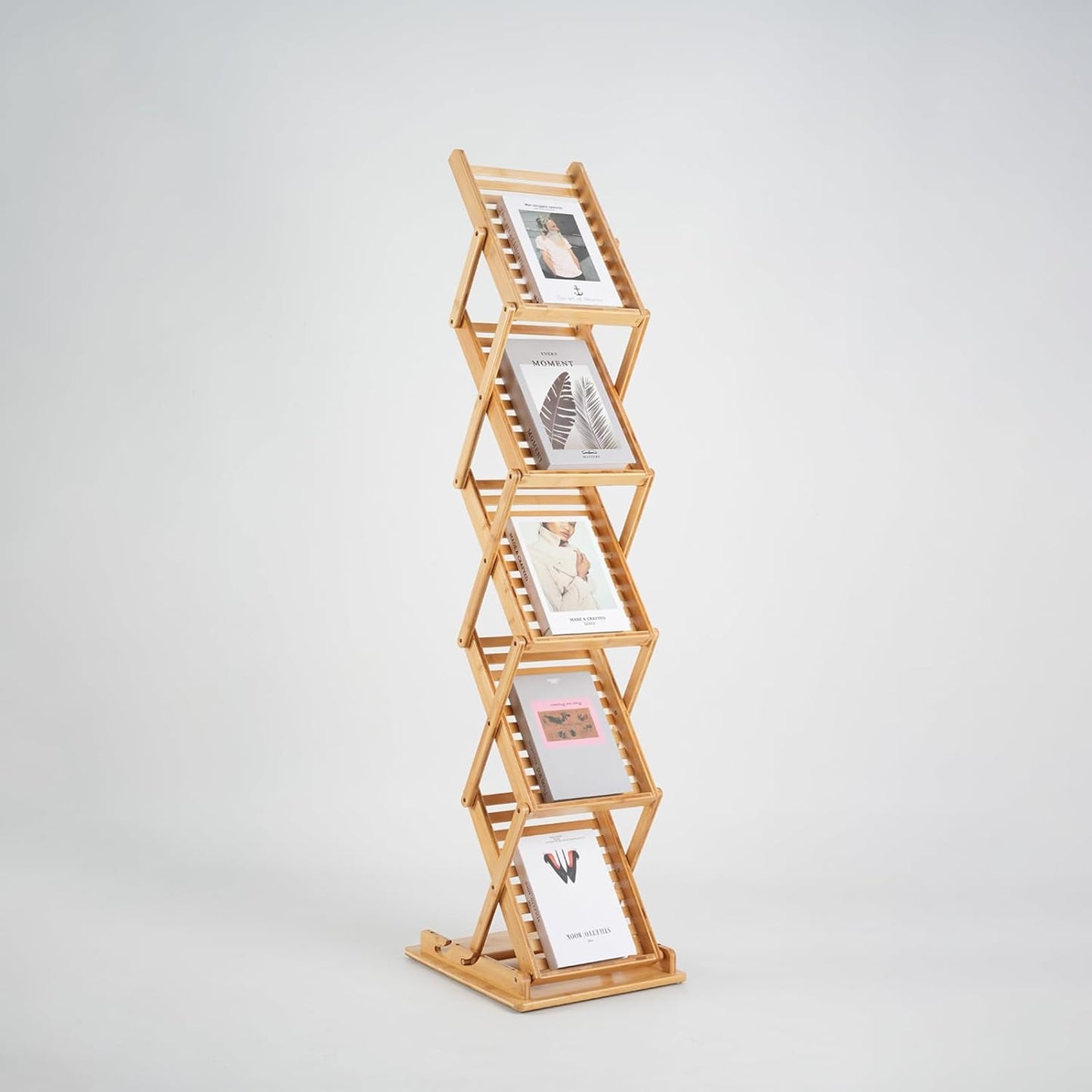 Premium Bamboo Magazine Rack - 5-Pocket Foldable Display Stand for Office, Trade Shows & Home Organization - A4 Literature Holder
