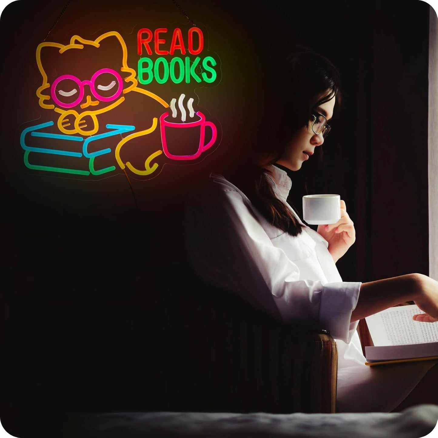 Read Books cat &coffe Neon Sign Book Neon Light Colorful Rainbow Neon Light sign Read More Books Neon Signs Library Classroom Reading Room Bookstore Bookish Decoration Kids Gifts