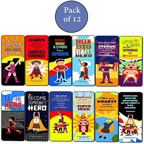 Creanoso Superhero Bookmarks for Kids (12-Pack) – Premium Gift Set – Awesome Bookmarks for Boys Girls – Six Bulk Assorted Bookmarks Designs – Unique Quality Cool Giveaways Collection Pack