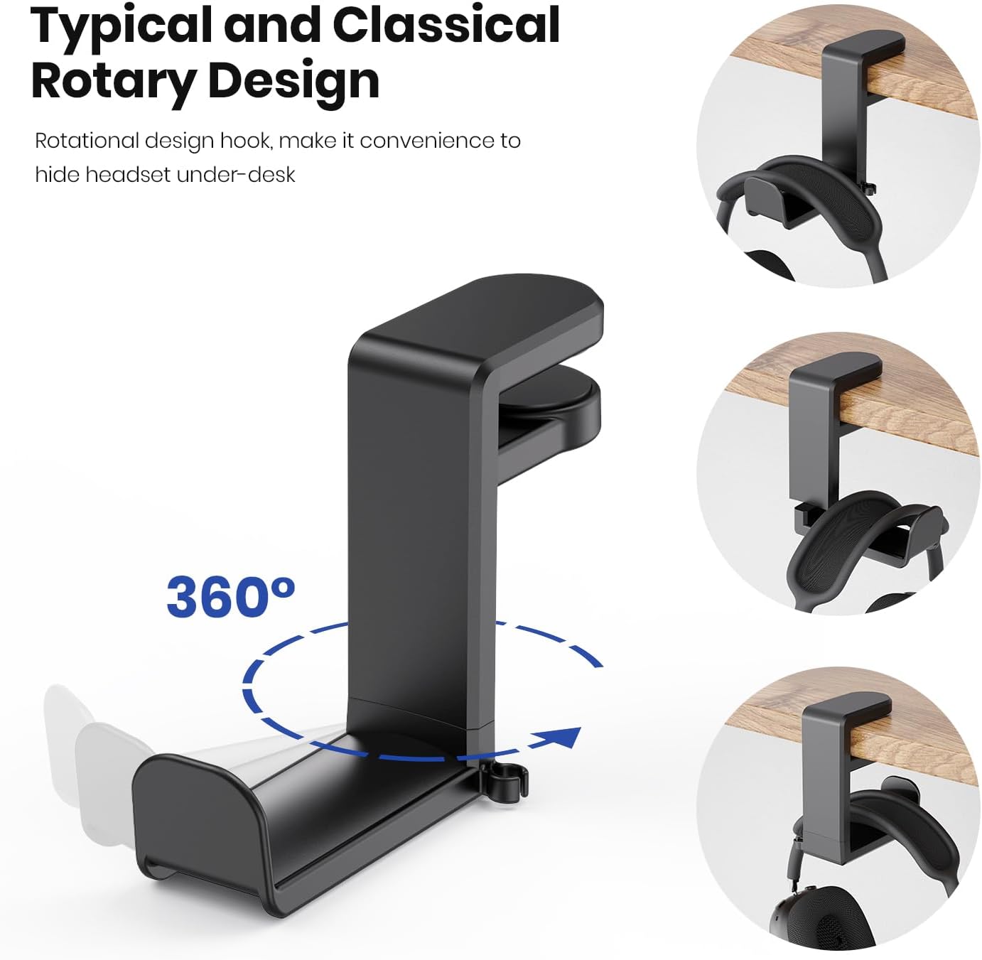 EURPMASK Rotating Headphone Stand - PC Gaming Headset Holder, Adjustable Clamp-on Under Desk Hanger With 360 Degree Swivel & Cable Clip Organizer - Black