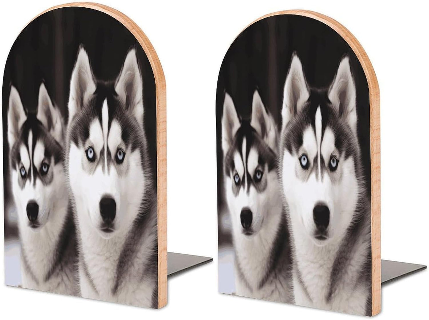 Husky Dog Bookend for Shelves Wooden Book End Large Size Sturdy Book Holders Stoppers with Metal Base for Bookshelves Slick Decorative Bookends Stands