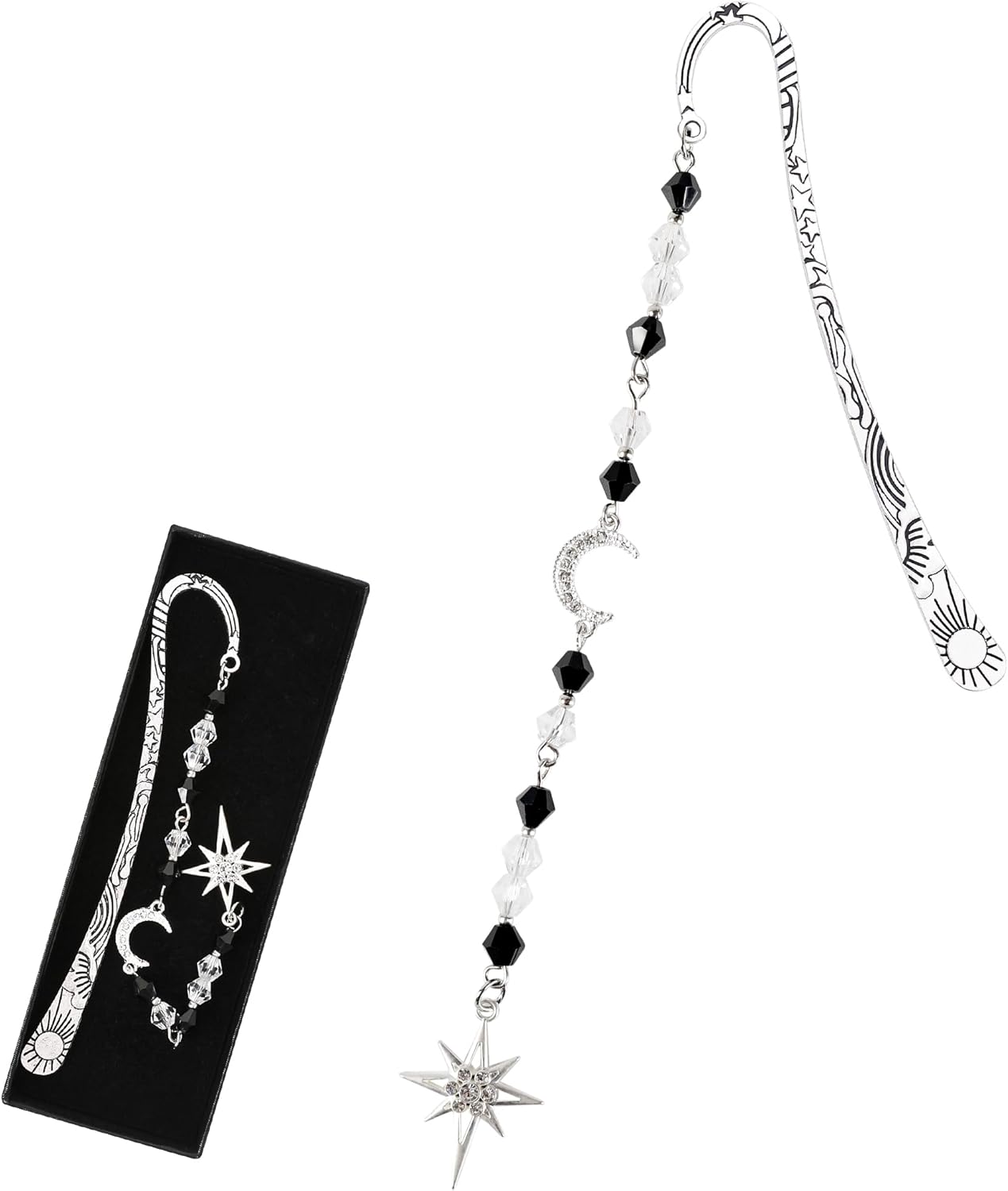Fantasy Vintage Metal Bookmark - Silver Funny Hook Book Marks Beads Moon Star Charm Page Mark Bookish Gifts for Women Men Kids Reading Lovers Readers Students Bookworms Christmas School