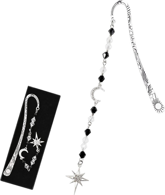 Fantasy Vintage Metal Bookmark - Silver Funny Hook Book Marks Beads Moon Star Charm Page Mark Bookish Gifts for Women Men Kids Reading Lovers Readers Students Bookworms Christmas School