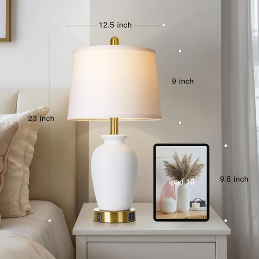 Set of 2 White Ceramic Modern Table Lamps with Ginger Jar Design - for Living Room,Dining Room,Bedroom,Office,Nightstand,End Table