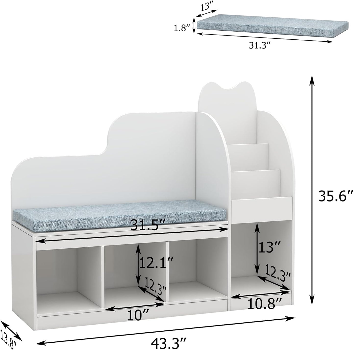 TaoHFE Reading Nook for Kids with 4 Storage Cubes and Cushion, Kid Bench with Kids Bookshelf and Toy Storage, Multifunctional Kids Reading Nook for Living Room, Kid Room, Nursery, White