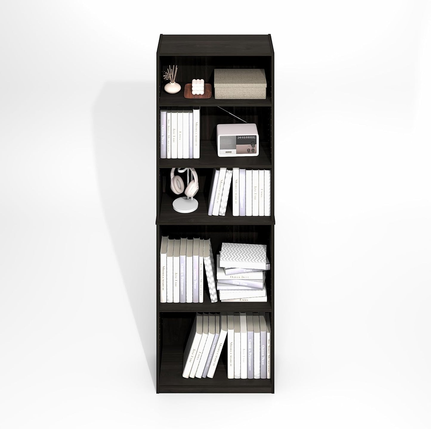 Furinno Jaya Simply Book Shelf, 5-Tier Bookshelf, Bookcase with Adjustable Shelves, 9.5 x 24.5 x 71.2, for Living Room, Bedroom, Home Office, Black Espresso