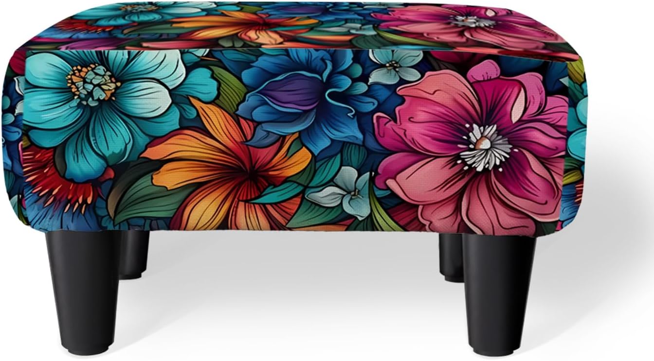 Foot Stool Linen Ottoman Foot Rest Small Footstool with Legs Vintage Floral Extra Seating for Living Room Bedroom, Flower