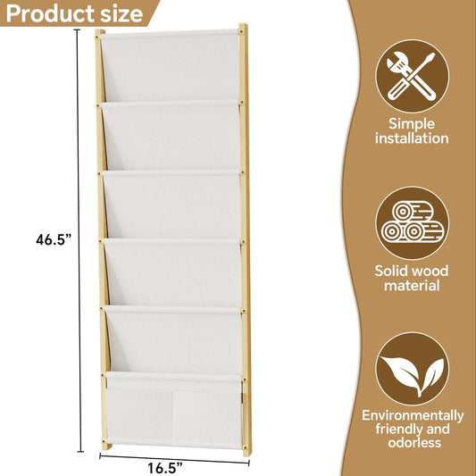 Wood 6-Tier Wall Mounted Kids Bookshelf – Floating Book Shelf For Kids Rooms,Nursery & Classroom, Hanging Bookcase Organizer For Books, Toddler Book Shelf, Montessori Bookshelf, Nursery Shelves