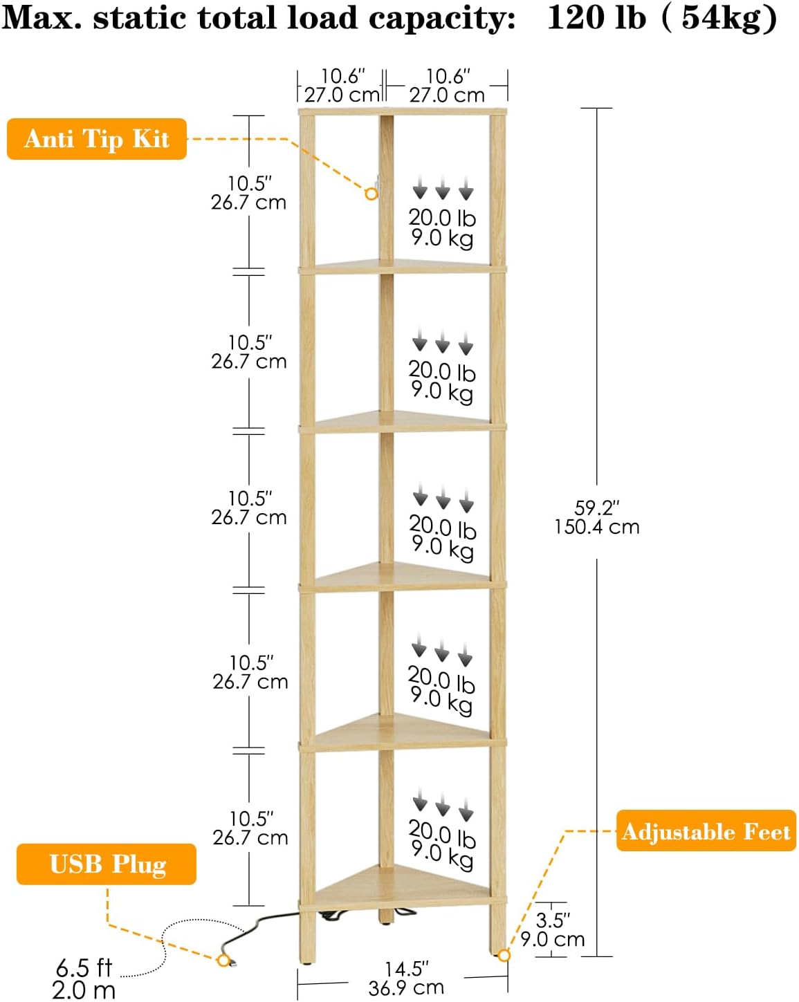 Corner Shelf with LED Light, 6-Tier Corner Bookshelf, Narrow Display Shelf with Storage Rack,Wood Corner Book Shelf for Living Room, Bedroom, Office, Oak