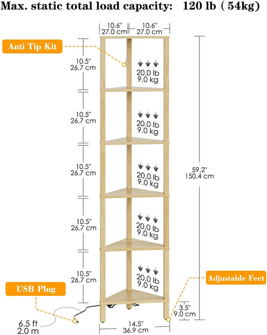 Corner Shelf with LED Light, 6-Tier Corner Bookshelf, Narrow Display Shelf with Storage Rack,Wood Corner Book Shelf for Living Room, Bedroom, Office, Oak