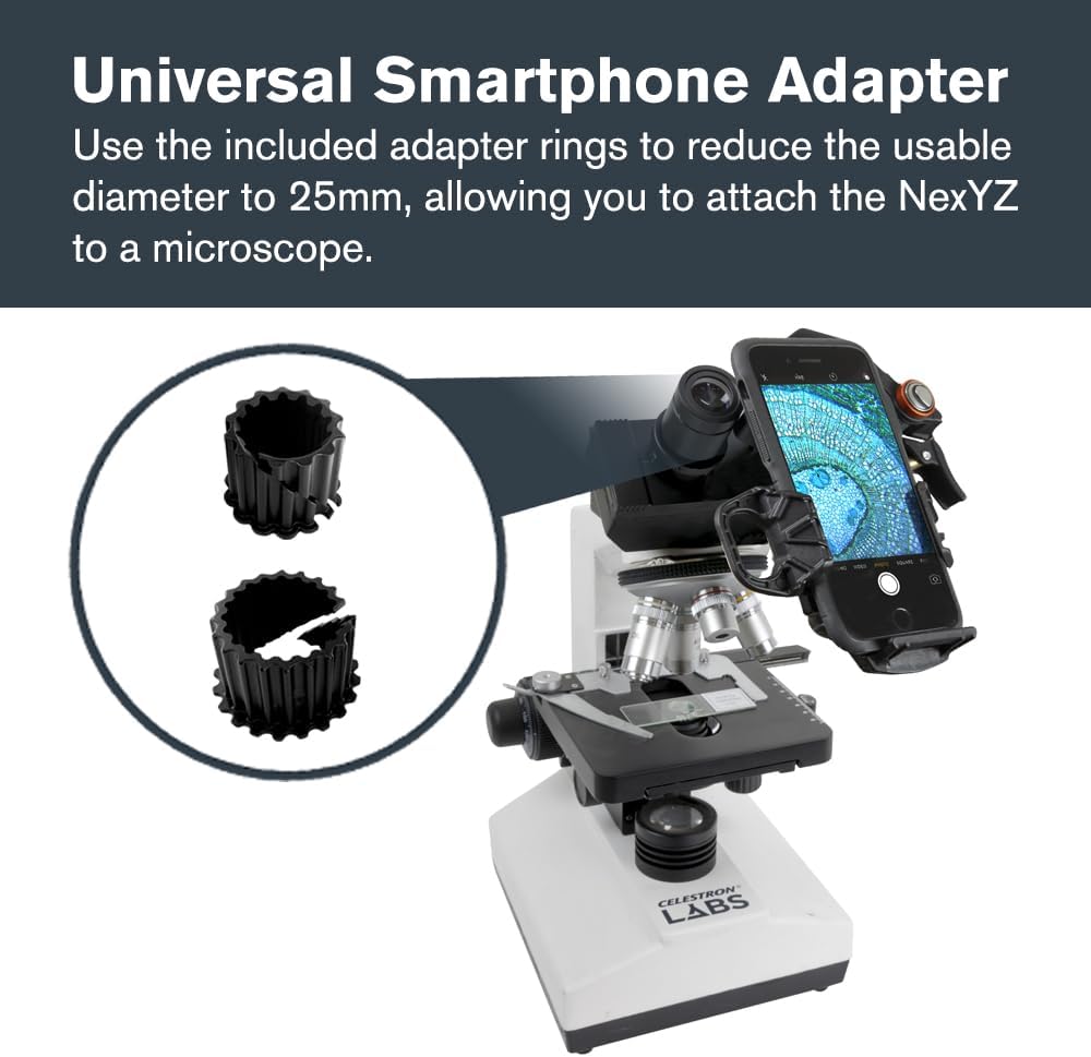Celestron – NexYZ DX – Universal Smartphone Adapter for Telescope, Binoculars & Spotting Scopes – 3-Axis Precision Alignment – Capture Images & Video Through Your Optics – Includes Bluetooth Remote