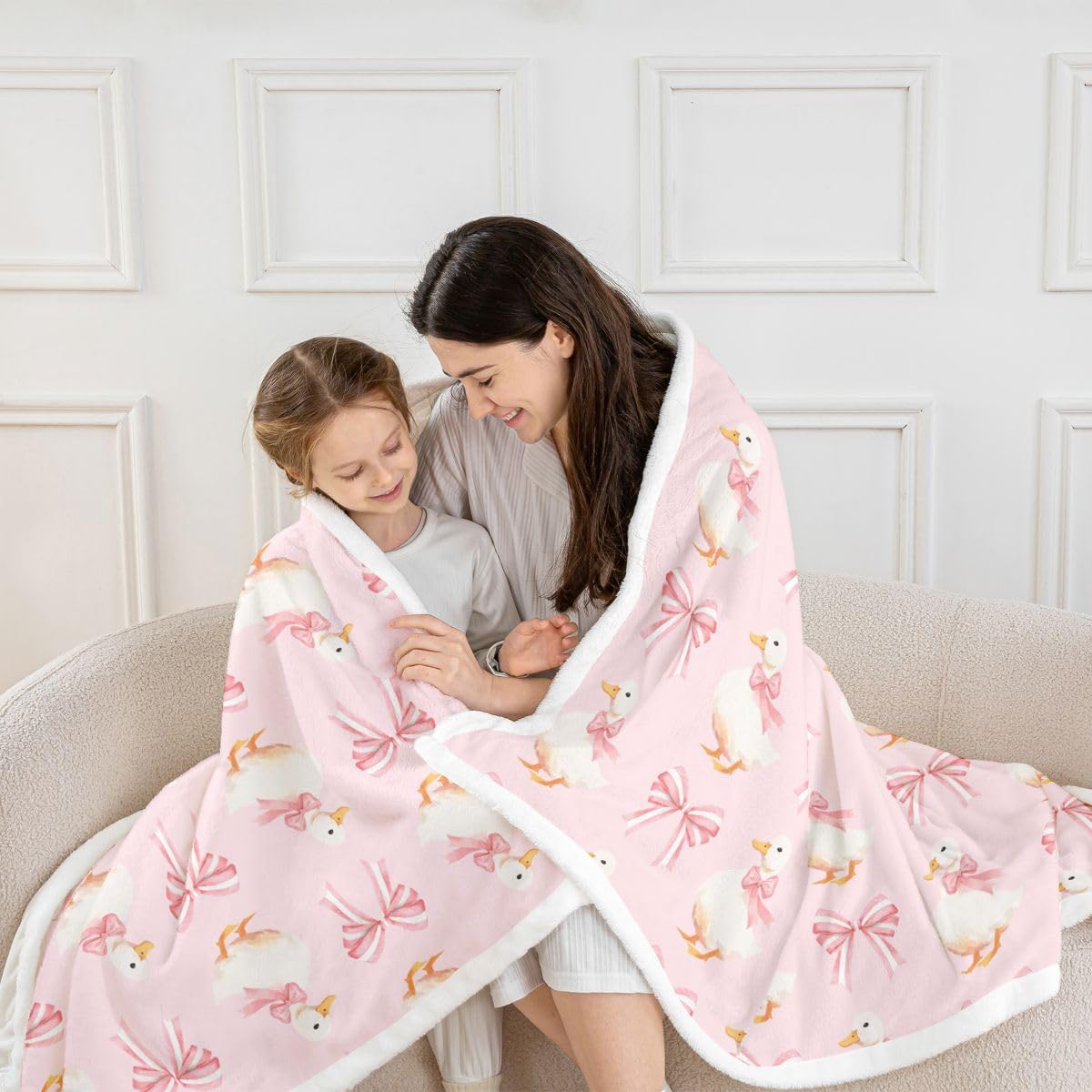 Feelyou Cute Goose Sherpa Throw Blanket for Couch Pink Bow Super Soft Cozy Fleece Geese Animal Pet Blanket for Winter, Plush Throw Bowknot Bow Tie 40"x50" All Season