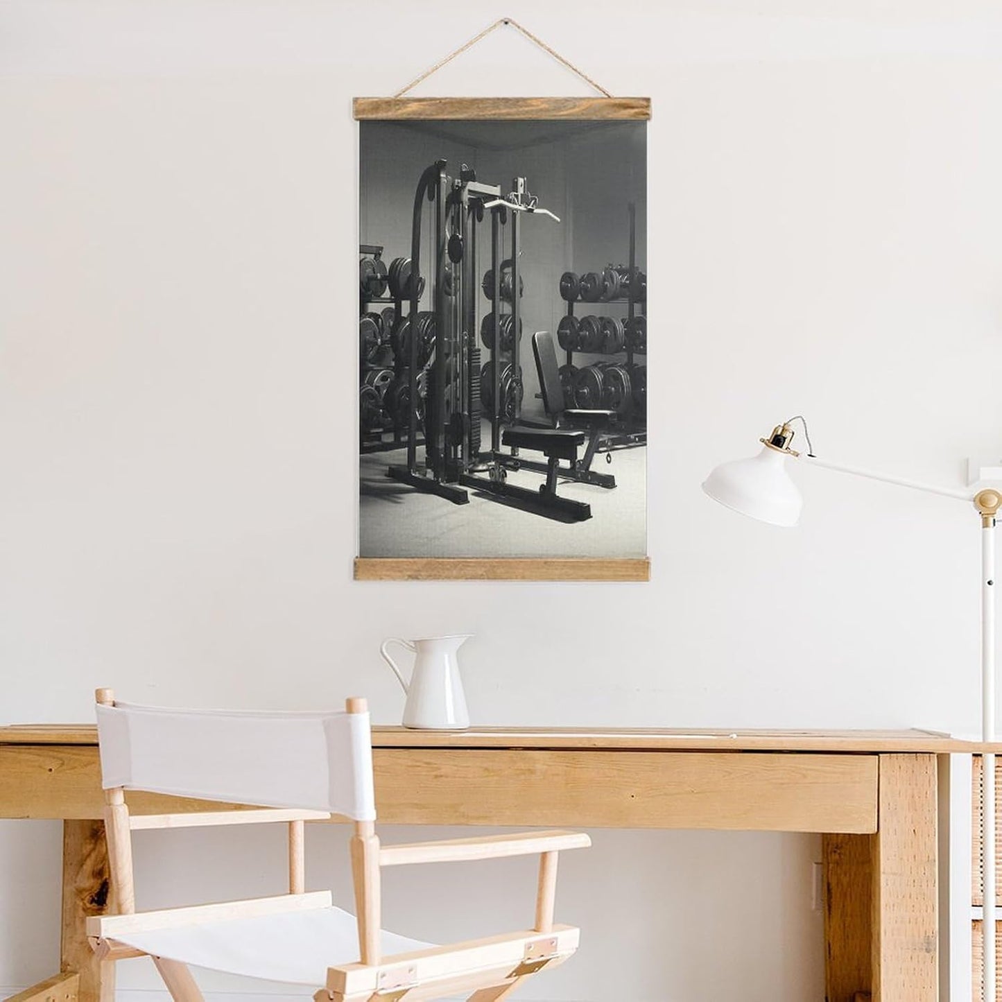 Vintage Gym Equipment Poster with Wooden Frame Personalized Linen Hanging Scroll Painting Rustic Wall Hanging Illustrative Modern Artwork Decor for Home Living Room Bedroom Office