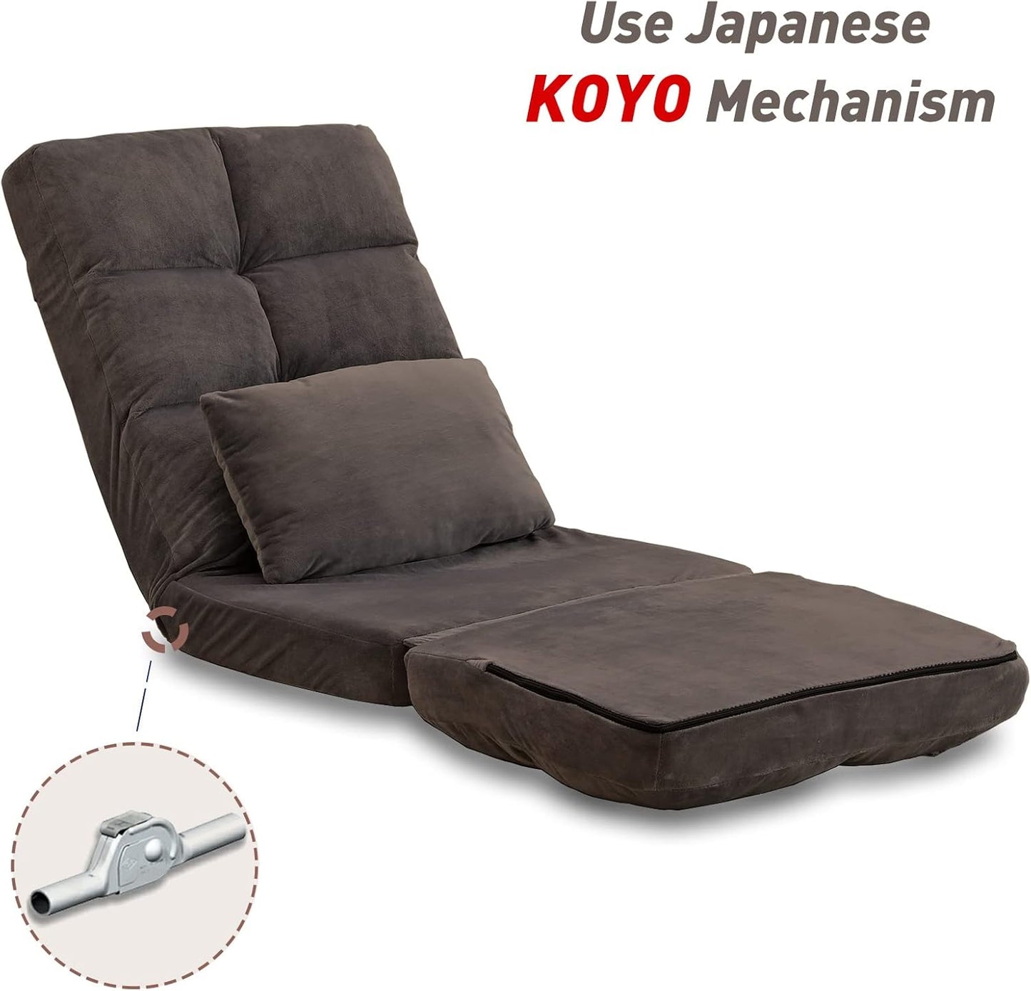 Indoor Floor Chaise Lounge Sofa Chair for Adults, 14-Angle Adjustable Recliner with Back Support & Pillow, Foldable Floor Lounger, Comfort for Living Room, Reading, Relax -Brown