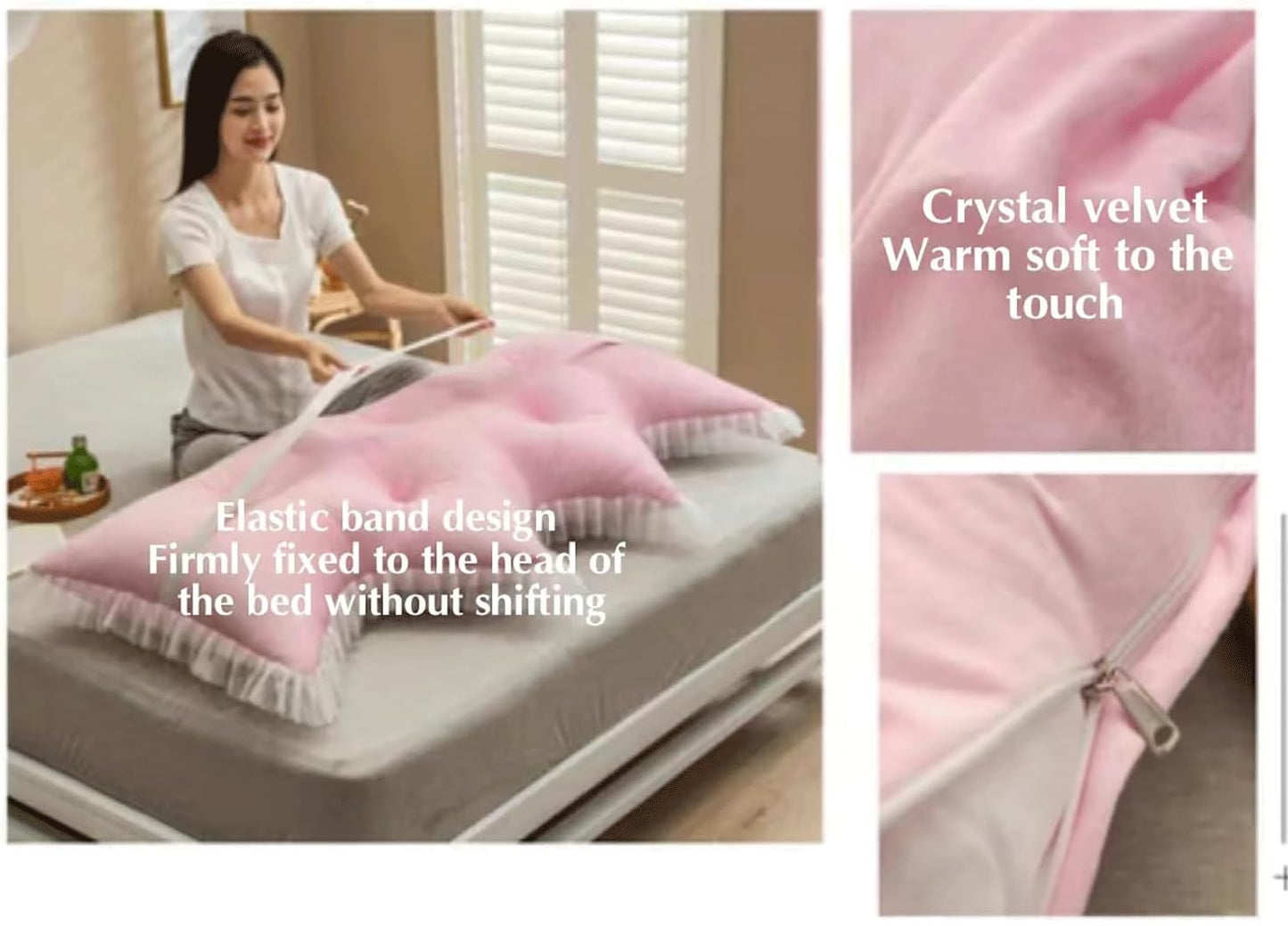Reading Wedge Pillow,Crystal Velvet Headboard Cushion Large Backrest,Full Bed Rest Support Bolster Daybed Bunk Bed Dorm Cushion with Removable Cover(Size:59"/150cm,Color:Pink)