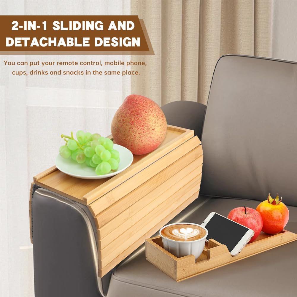 Bamboo Sofa Arm Tray - 2-in-1 Detachable Couch Cup Holder & Armrest Table with Anti-Slip Pad, Foldable Bamboo Tray for Drinks, Snacks, Phones, and Remote Controls