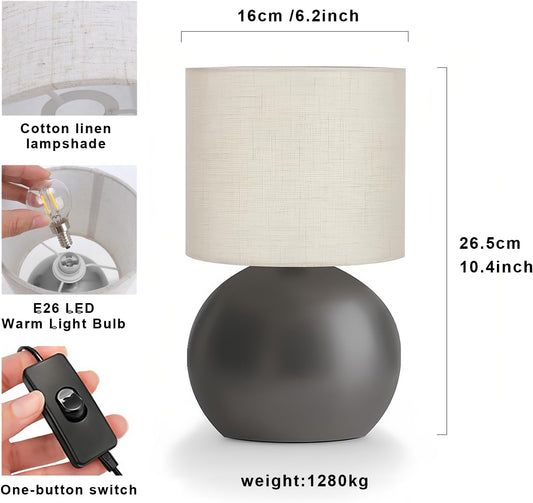 Modern Small Table Lamp with Grey Metal Base and Linen Shade, 10.4 Inch Nightstand Light for Bedroom, Living Room, Desk, Dorm
