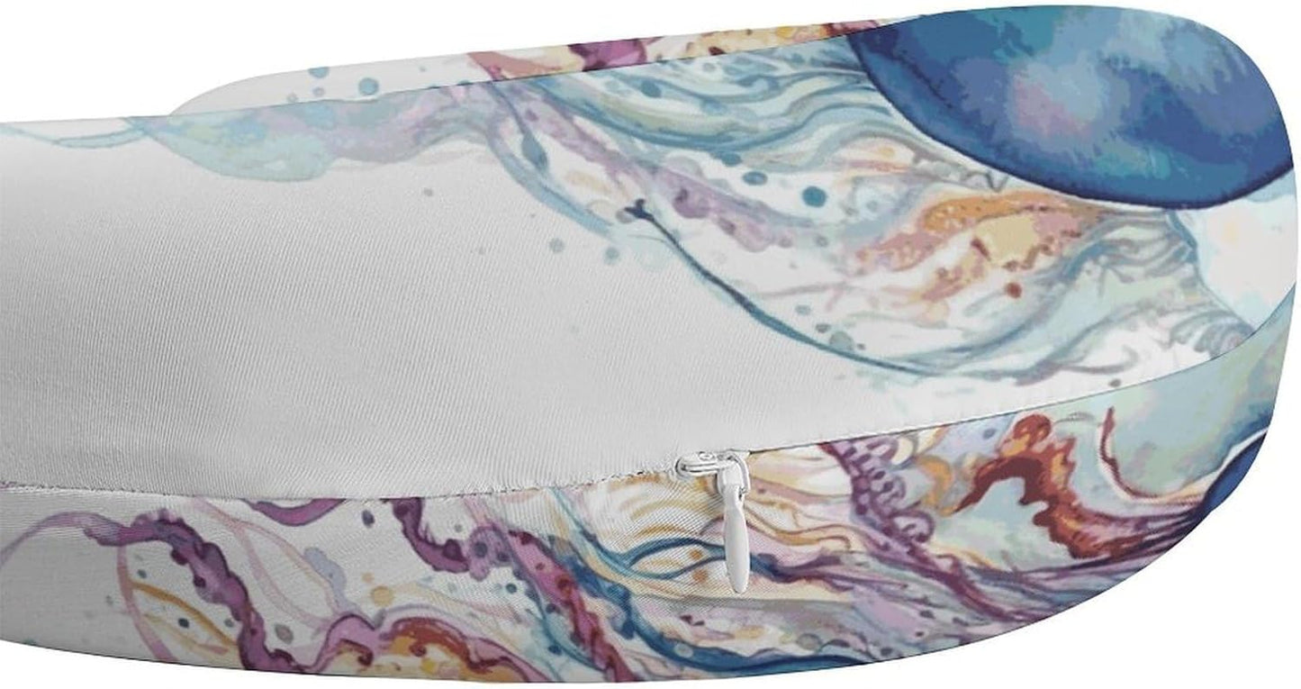 Watercolor Jellyfish Neck Pillow Memory Foam U Shaped Pillows Portable Pillows for Shoulder Travel Head Support Pillow with Concealed Zipper for Airplane Car Home Office
